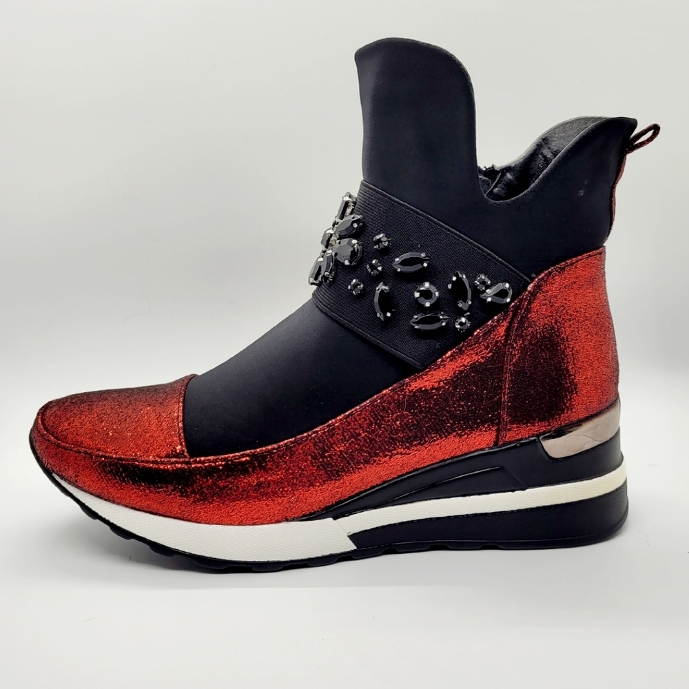 NEW Red & Black Metallic Rhinestone Embellished Hi-Top Wedge Sneaker Sz 7